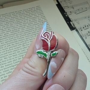 Elegant Red Rose Silver Brooch